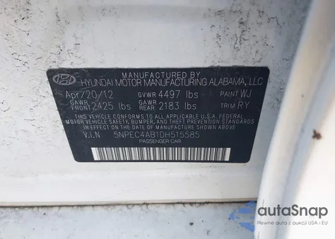 2013 Hyundai Sonata Se 2.0T из США, поврежденный, VIN 5NPEC4AB1DH515585